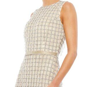 MAC DUGGAL Sleeveless High Neck Beaded Midi Sheath Dress - Nude Color, Size 14